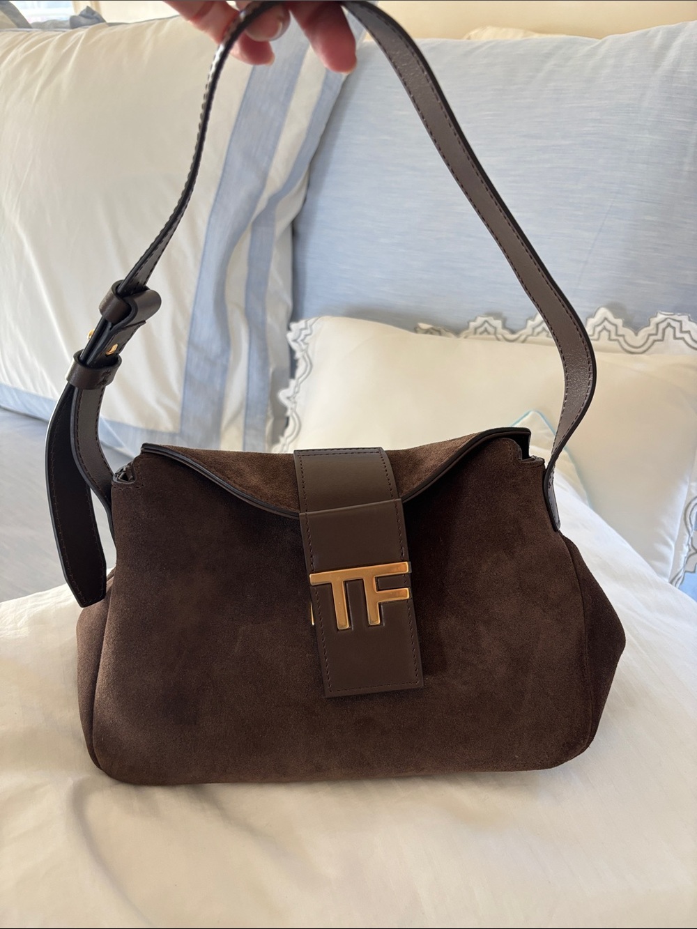Tom Ford Dark Brown Suede Shoulder Bag with Gold TF Logo